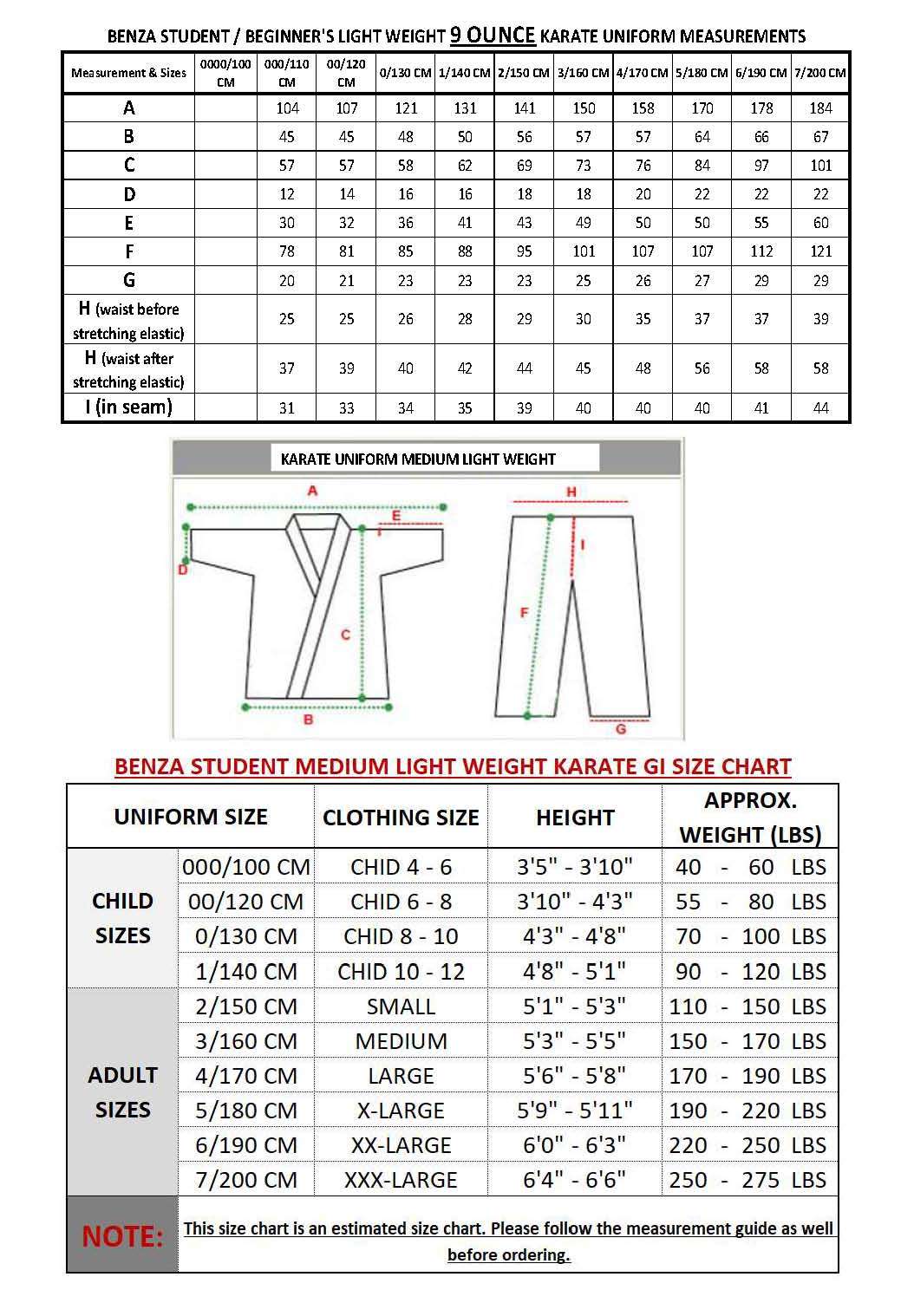 Karate Uniform Size Chart
